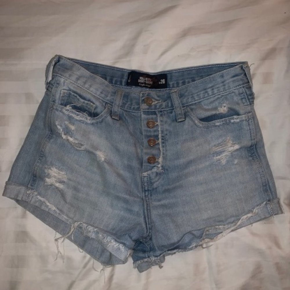 Hollister High Rise Light Wash Distressed Shorts